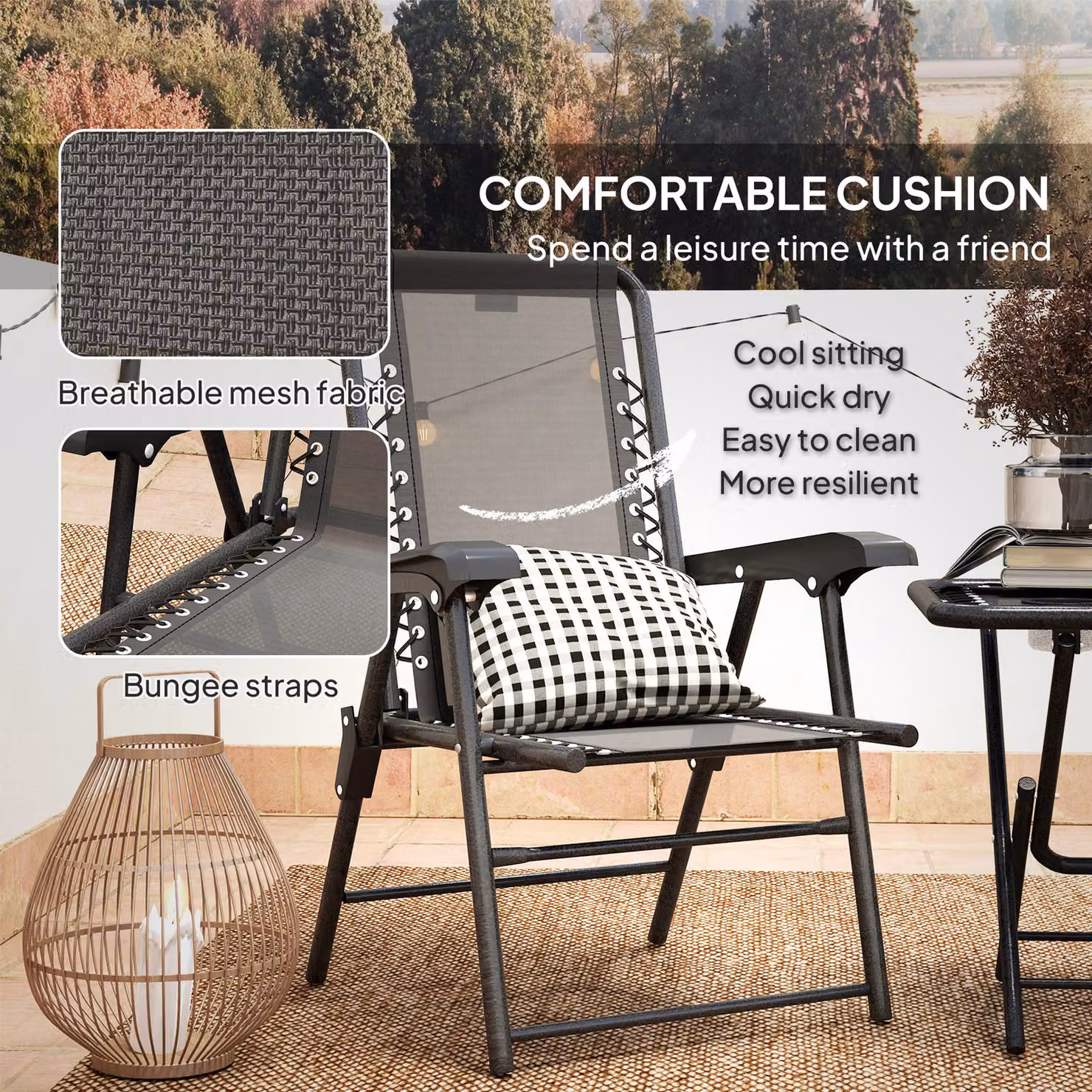 Outsunny Three-Piece Modern Garden Table and Chair Set in Black Matt Powder Coated Steel – 6