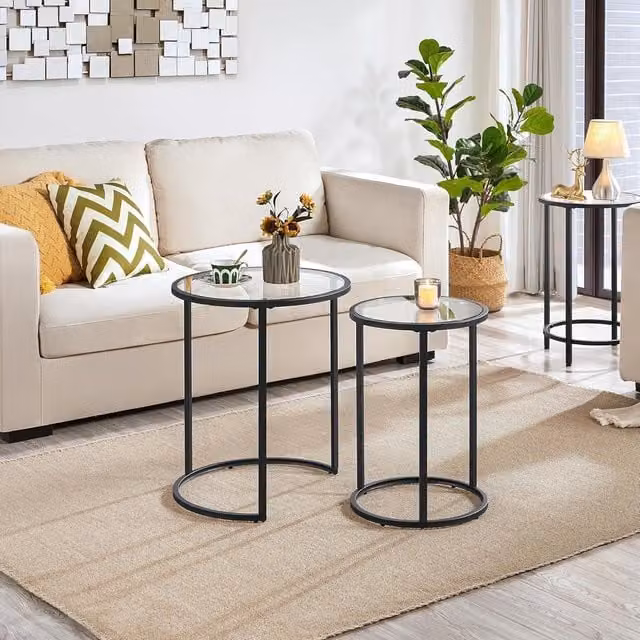 FURNOS Set of 2 Round Black Nesting Tables with Tempered Glass Tops – 1
