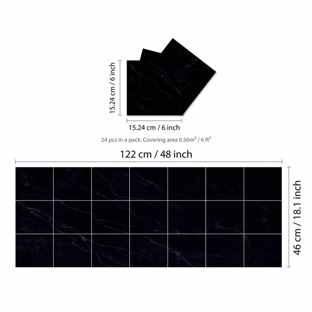 PAWNORA Black Marble Tile Stickers, 24 Square Adhesive Stone Pattern Decals – 2