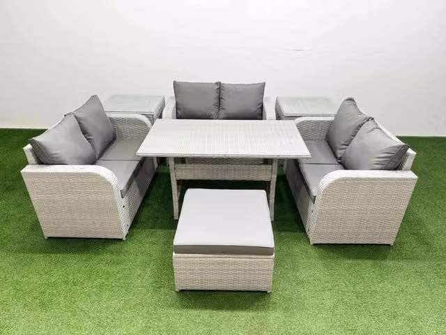 Fimous 7 Seater PE Wicker Rattan Garden Furniture Set in Light Grey with Rectangular Dining Table, 2 Seater Love Sofa, Big Footstool and 2 Side Tables
