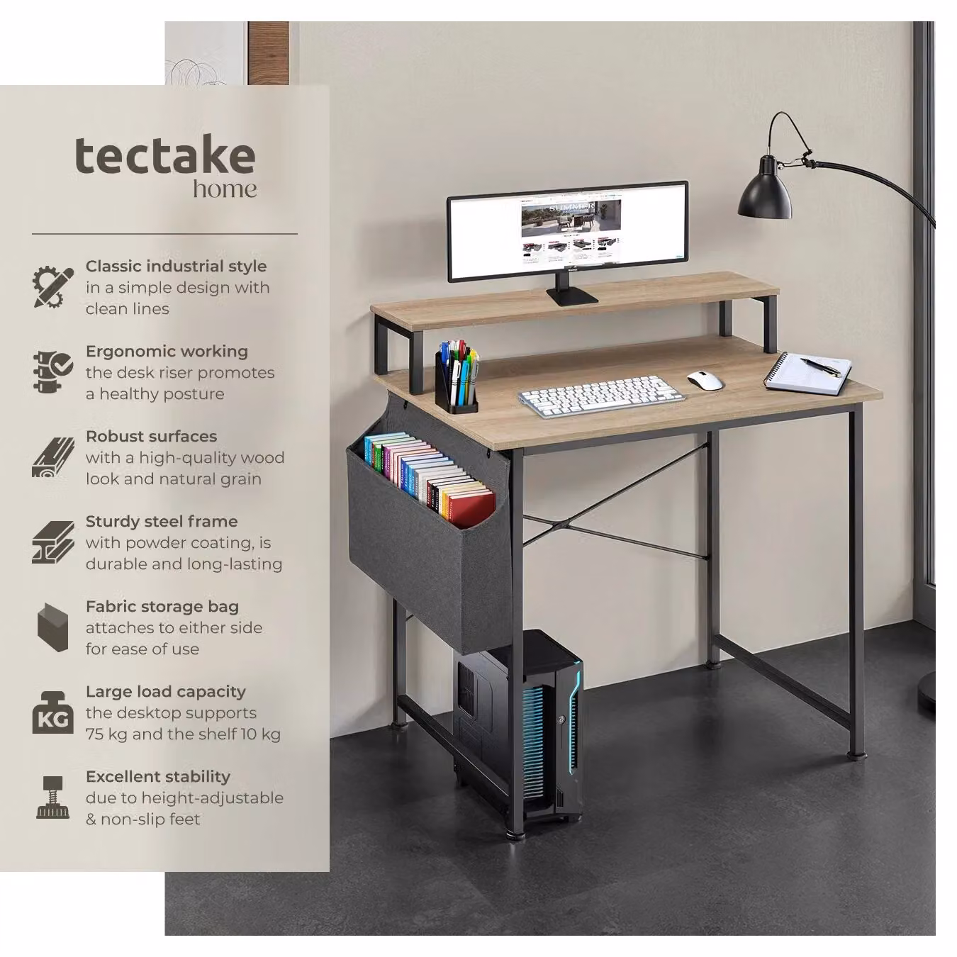 tectake Industrial Computer Desk with Shelving and Fabric Storage Bag in Light Oak – 2