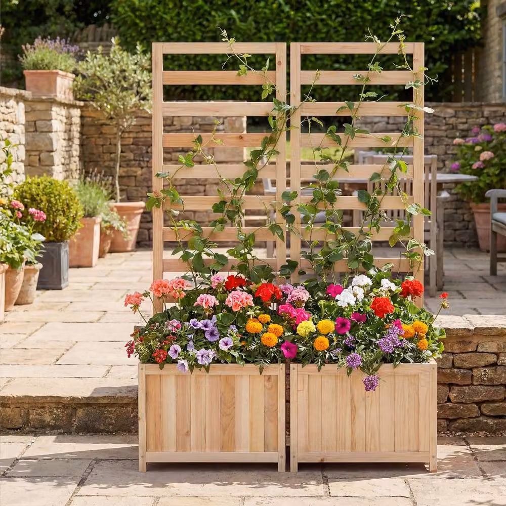 Costway Wooden Raised Garden Bed with Trellis and 2 Drainage Holes in Brown and Sand – 3