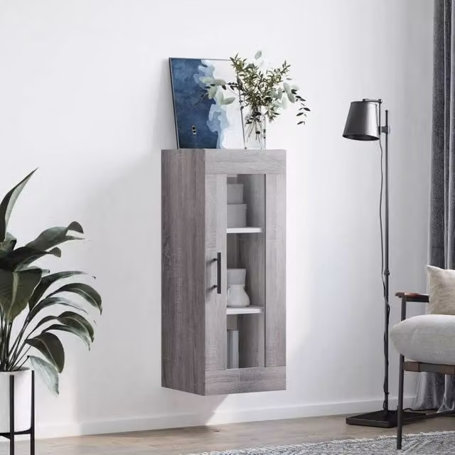 Berkfield Home Wall Mounted Cabinet in Grey with Glass Doors, W/D/H: 34.5 x 34 x 90 cm