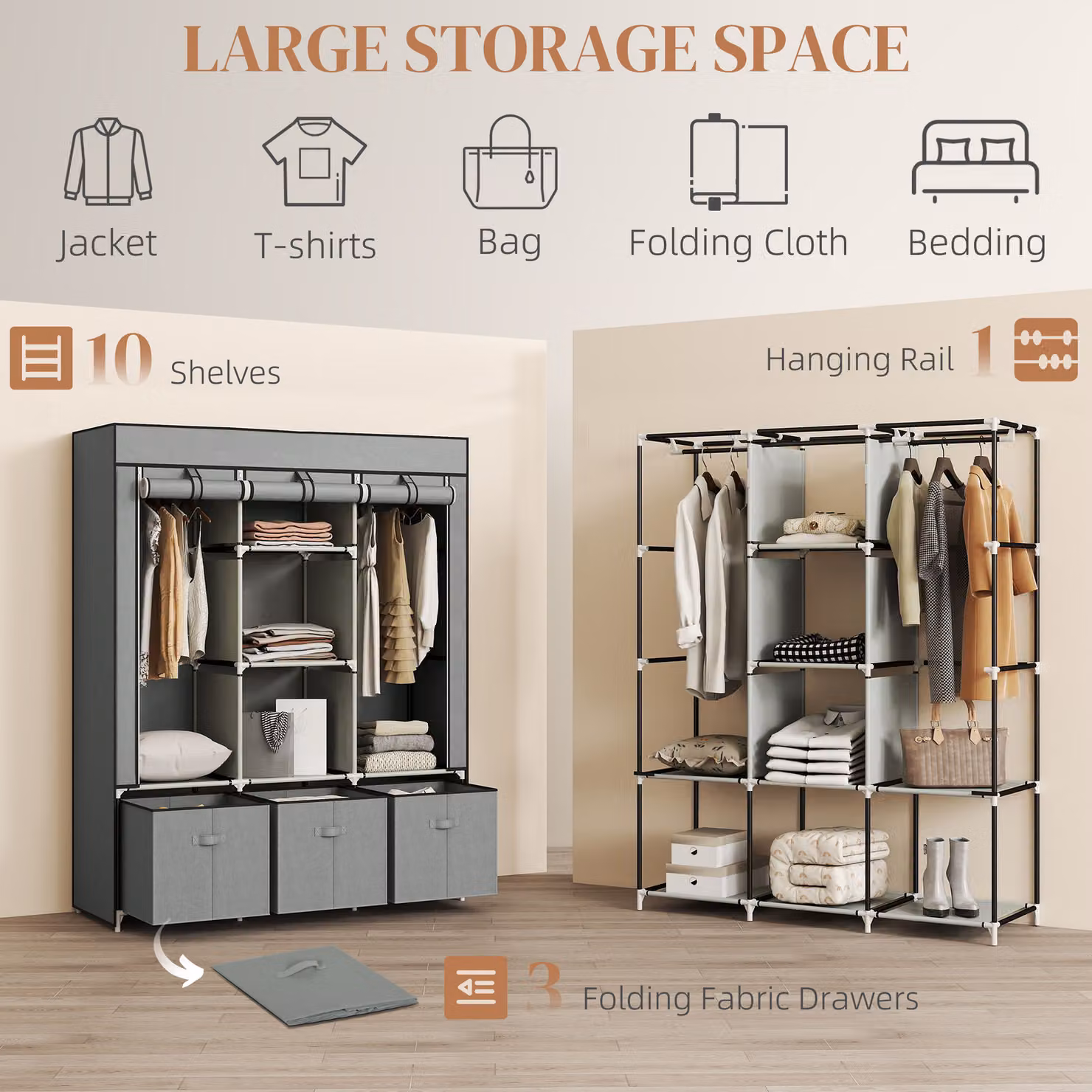 HOMCOM Fabric Wardrobe for Bedroom in Grey with Internal Shelves, Hanging Rod and Drawers, W/D/H: 125 x 43 x 162.5 cm – 4