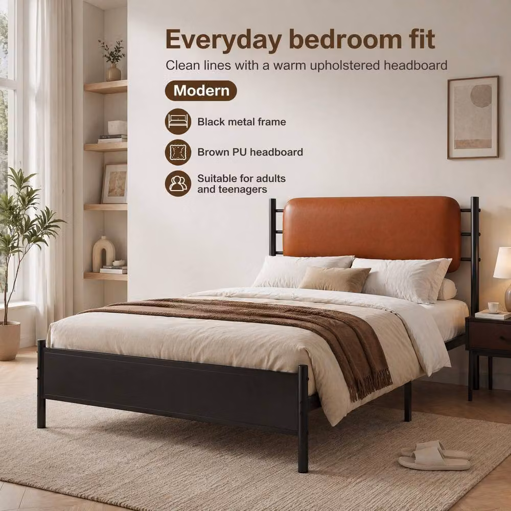 STILVORA Double Metal Bed Frame with Black PU Leather Headboard, W/D/H: 140 x 200 x 102.5 cm – 2