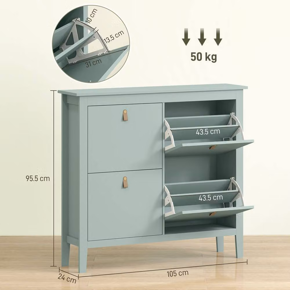 ERGOVEXA Modern 4-Drawer Freestanding Shoe Cabinet in Green and Brown with Tilting Compartments and Open Shelves – 2