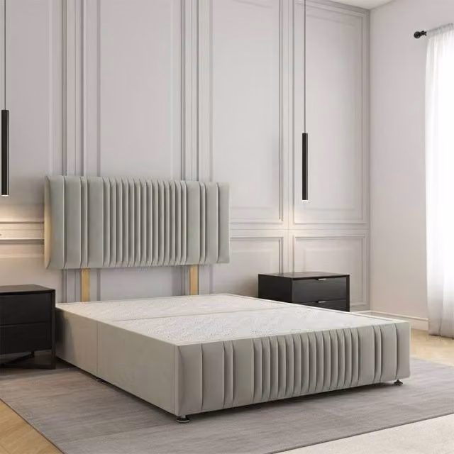 REGIONAL FURNISHINGS Plush Velvet Divan Bed with 24 inch Headboard and Footboard in Silver, King Size (W/D: 180 x 200 cm)
