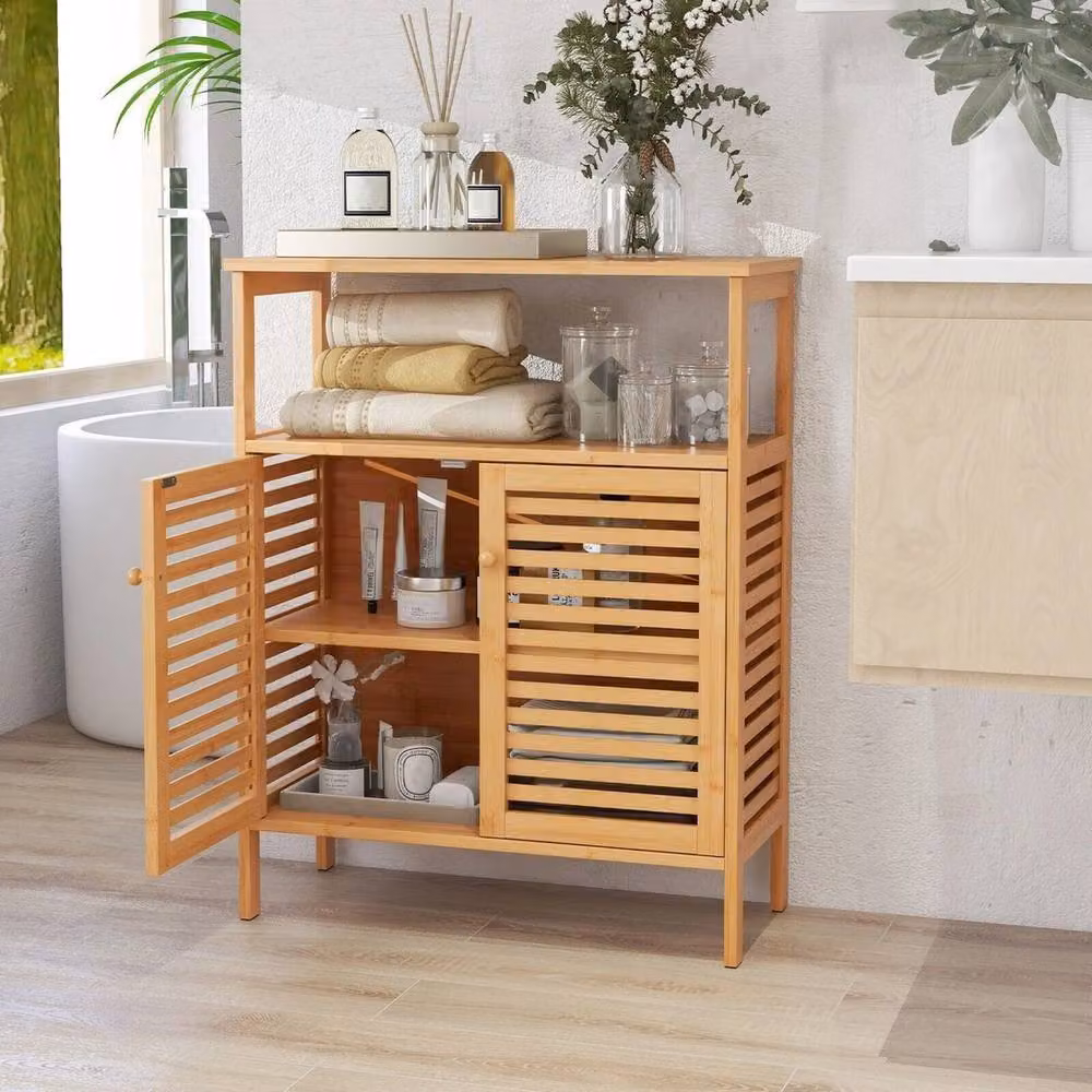 VOGREX Bamboo Double-Door Freestanding Bathroom and Living Room Floor Storage Cabinet in Brown – 2