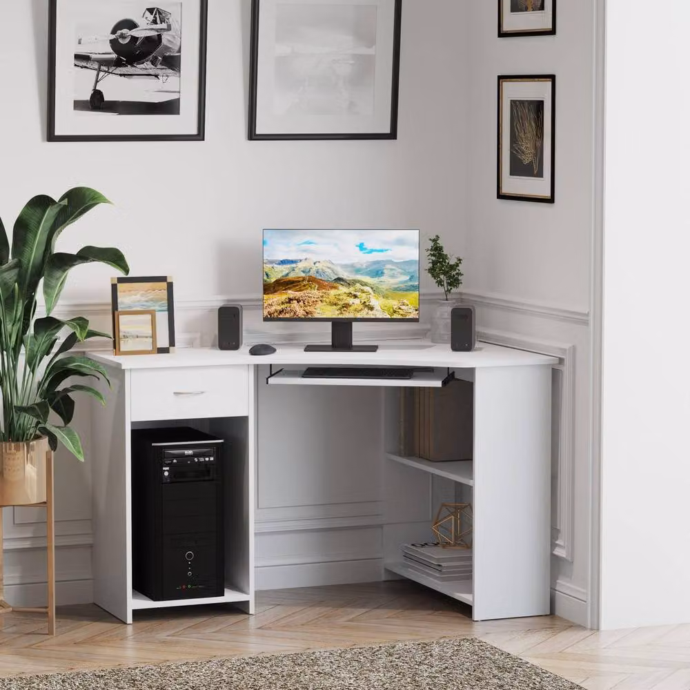 Rolipo L-Shaped Corner Computer Desk with Keyboard Tray, Drawer and CPU Stand in White – 3
