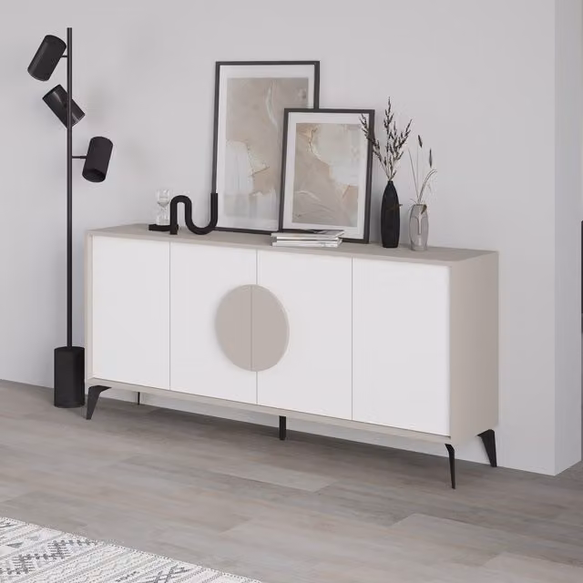 Decortie Gora 4 Door Modern Sideboard Storage Cabinet with Metal Legs in Sandstone White, W: 180 cm, H: 82 cm, D: 36 cm – 1
