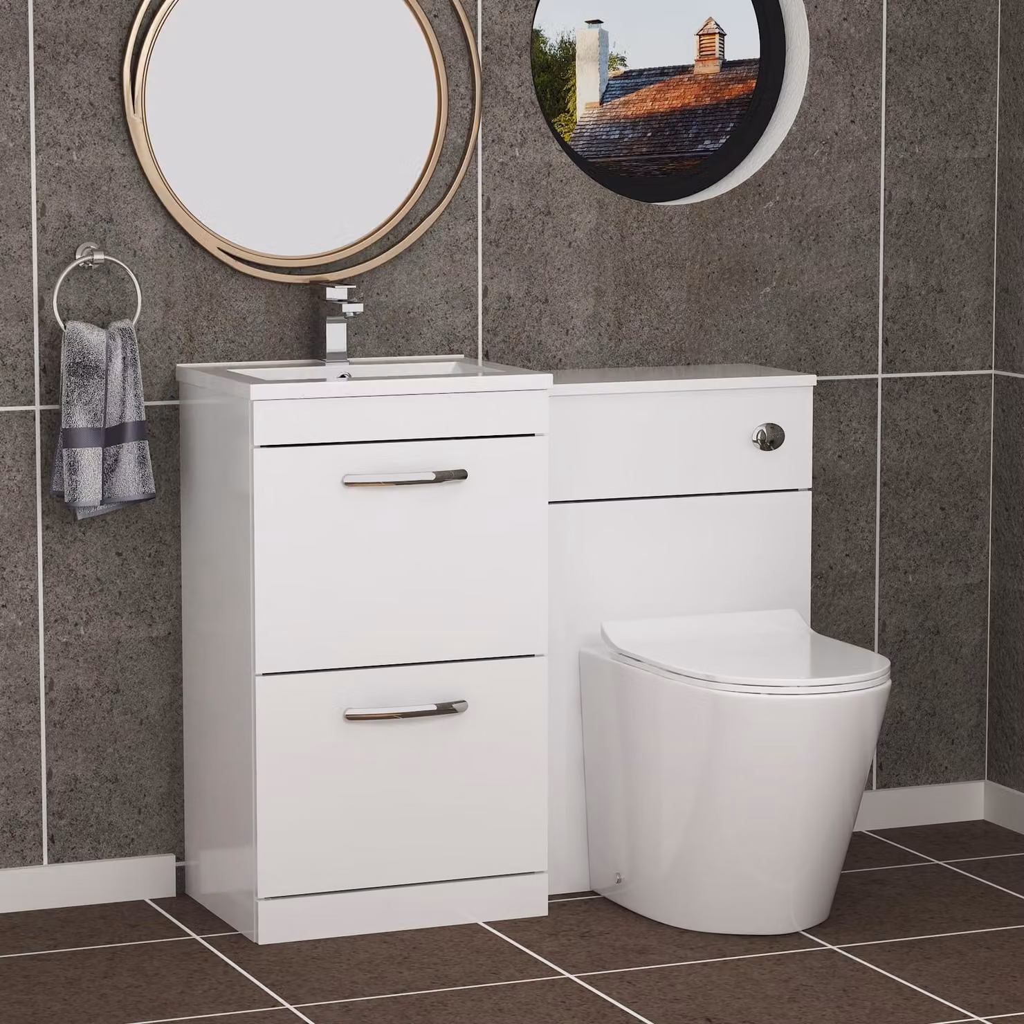 Royal Bathrooms Modern Turin Gloss White 1000mm 2-Drawer Minimalist Basin and Cesar Back to Wall Toilet Pack