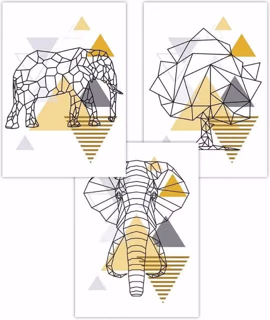 ARTZE Set of 3 Geometric Line Art Elephant and Tree Paper Posters in Yellow, Grey and Black, W: 30 cm, H: 42 cm