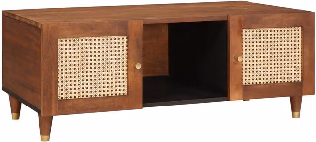 Berkfield Home Brown Cane and Solid Mango Wood Coffee Table with Storage Shelf and Door