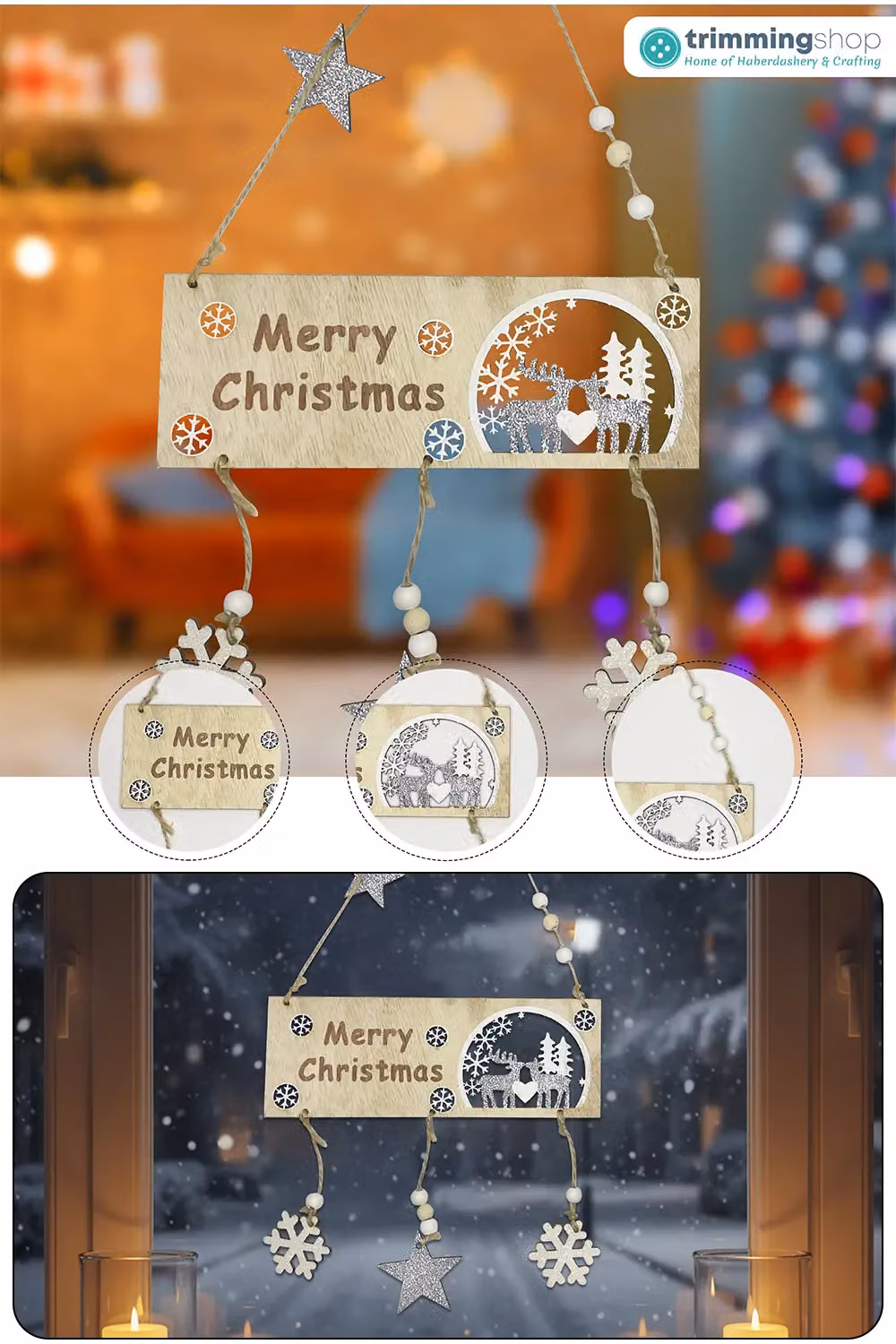 Neel Blue Wooden Merry Christmas Hanging Sign with Reindeer Design, W/D/H: 20 x 17 x 2 cm – 6