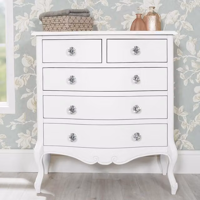 Juliette 5 Drawer Chest in White with Diamond Shape Crystal Handles