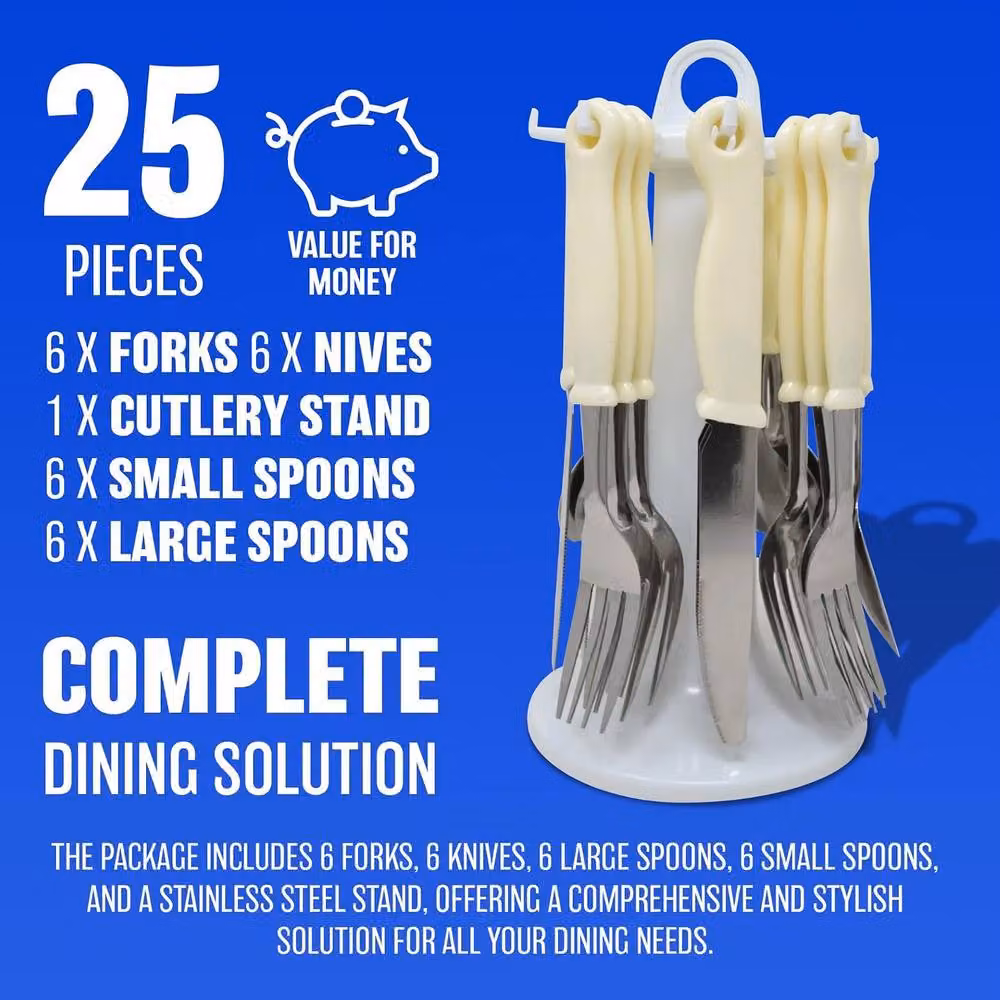 BARGAINS-GALORE 24-Piece Red Polished Stainless Steel Cutlery Set with Metal Drainer Stand – 2
