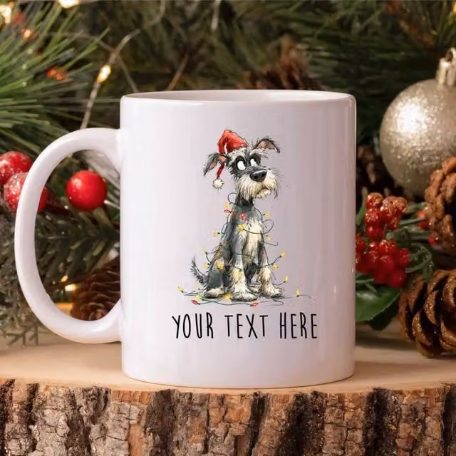 60 SECOND MAKEOVER Personalised Miniature Schnauzer Christmas Lights Santa Hat Ceramic Mug in White