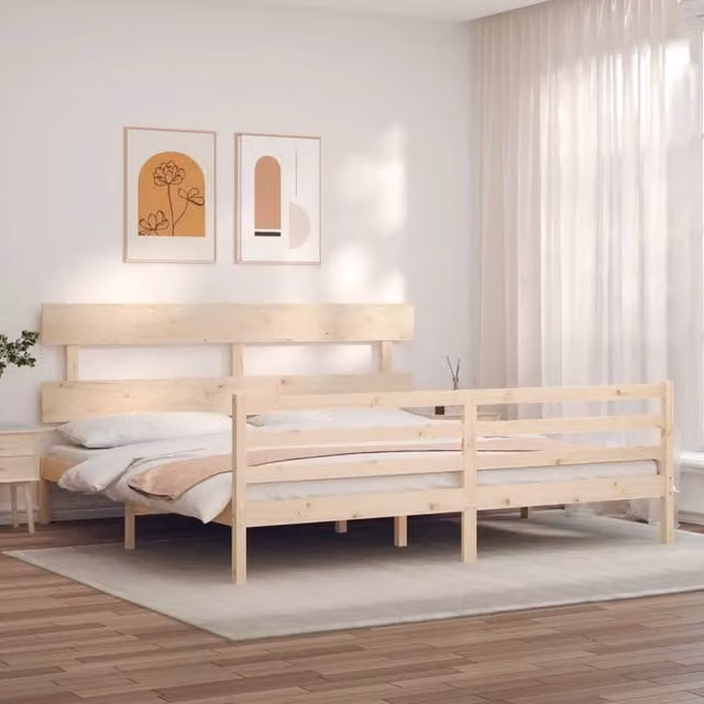 Berkfield Home Beautiful Bed Frame with Headboard in Natural Solid Pine, W/D/H: 200 x 200 x 81 cm