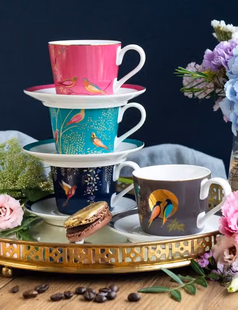 Sara Miller Set of 4 Chelsea Espresso Cups and Saucers in Multicolour and Gold Bone China