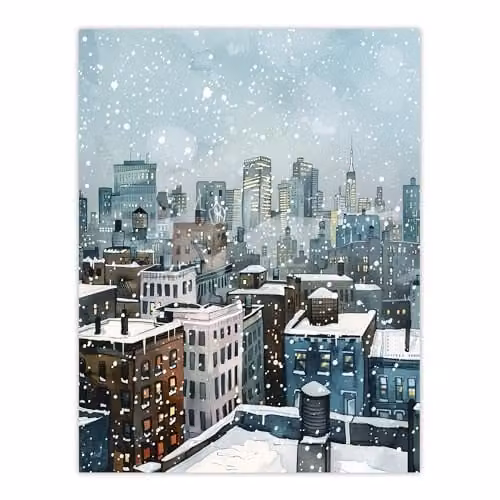 Artery8 New York City Rooftops Winter Snow Cityscape Wall Art Poster Print, Multicolour, W: 45.72 cm x H: 60.96 cm – 1