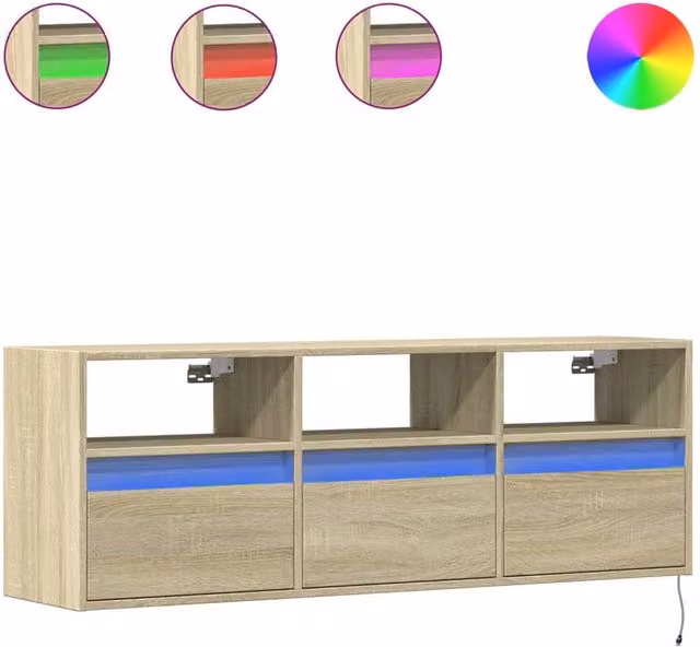 Berkfield Home Wall Mounted TV Cabinet with LED Lights in Sonoma Oak, Light Brown, W/D/H: 130 x 31 x 45 cm – 1