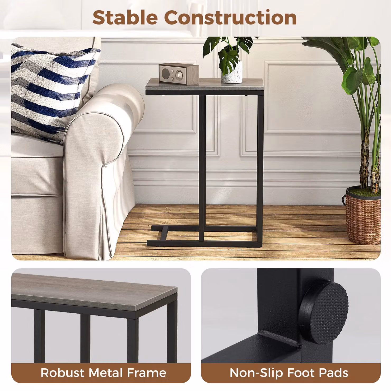 Costway C-Shaped End Table for Couch and Bed, Oak in Grey, Height: 64 cm – 4