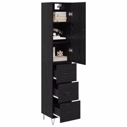 vidaXL Modern Black Oak Highboard with 3 Drawers and Hinged Doors, W/D/H: 34.5 x 34 x 90 cm