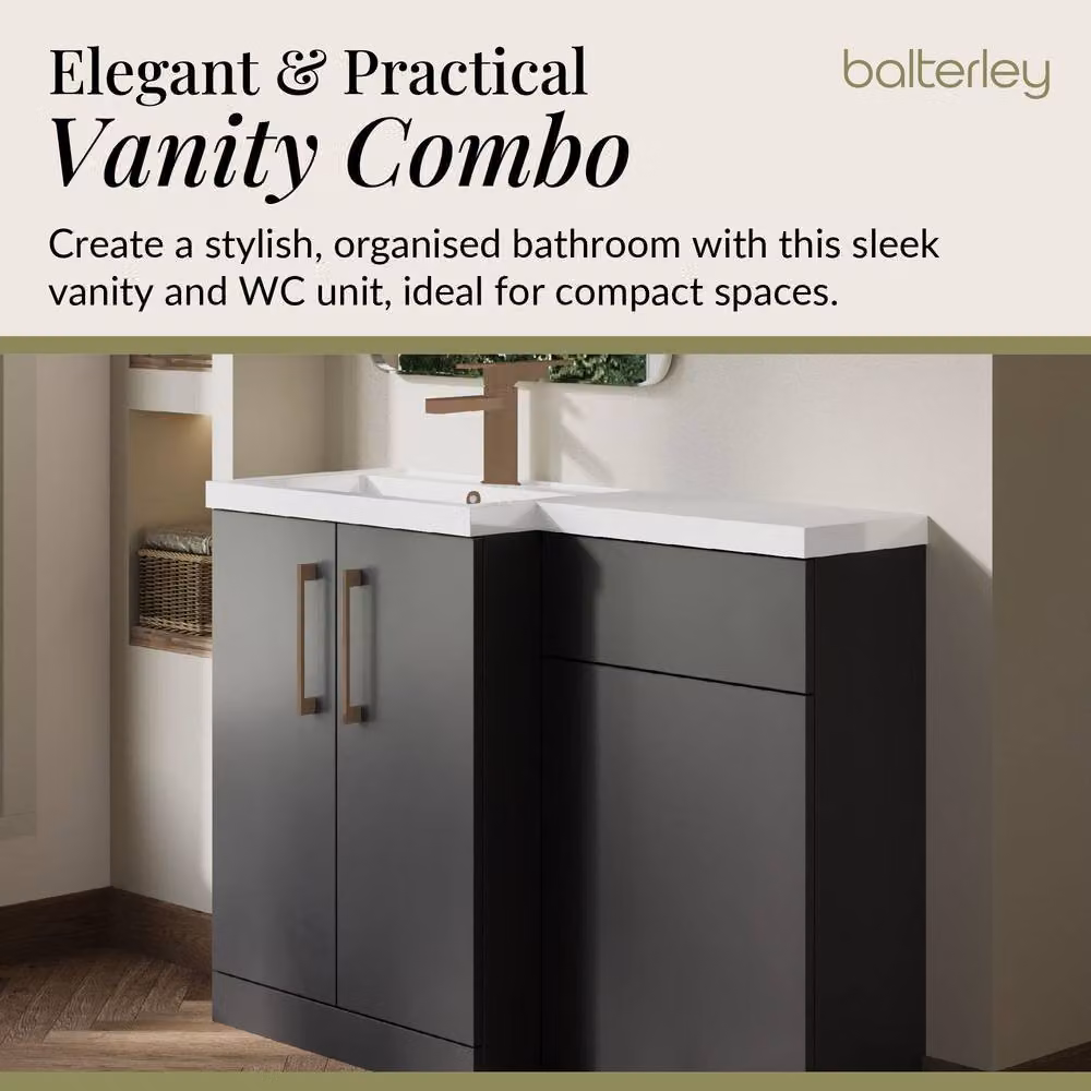 Balterley Modern Grey Left-Hand Vanity and WC Unit Combination with Brushed Bronze Details, W: 110 cm, H: 84 cm – 3