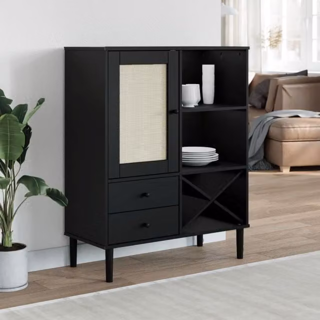 Berkfield Home Senja Highboard in Black Rattan Look Solid Pine Wood, W/D/H: 90 x 40 x 112 cm