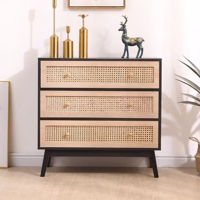 HMD Rattan Chest of 3 Drawers in Black and Natural