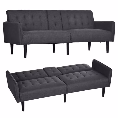 HOMCOM 3 Seater Upholstered Click Clack Sofa Bed with Cup Holders and Storage, Grey Fabric – 1