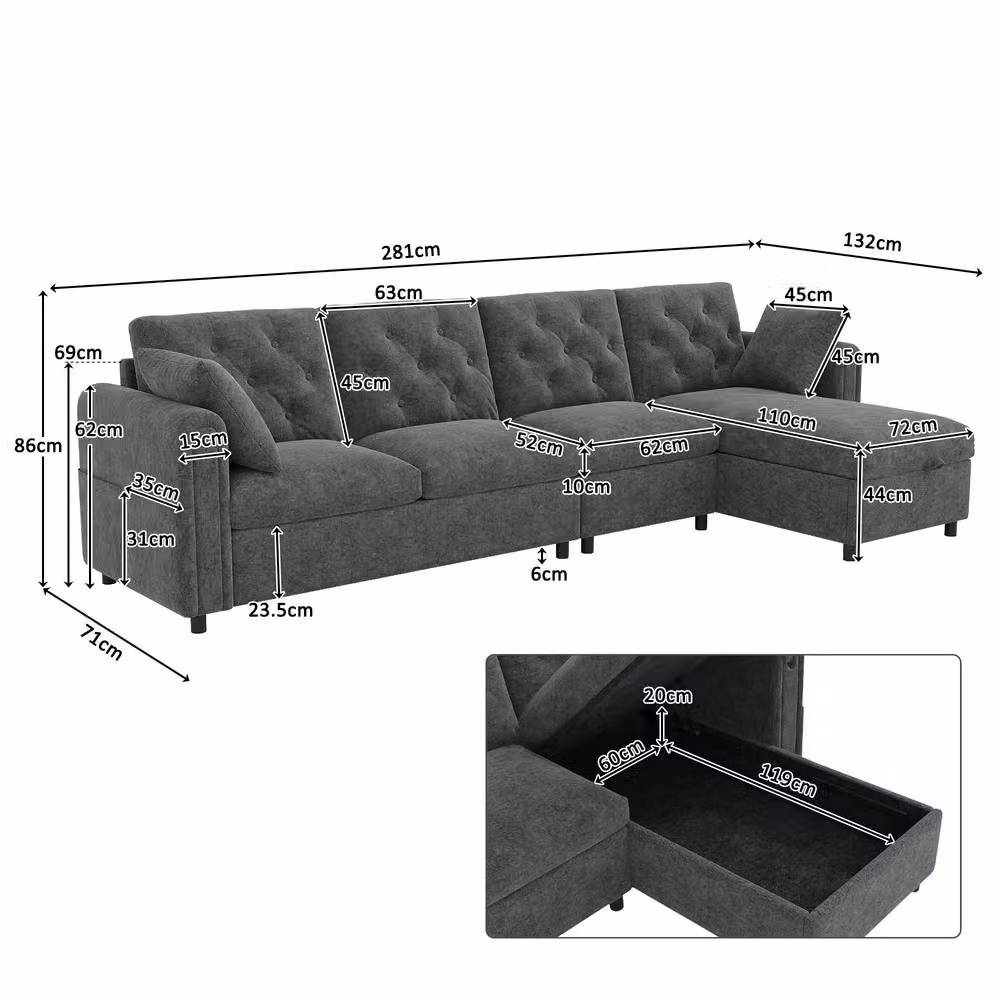 Merax Grey Velvet L-Shaped Corner Sofa Bed with Reversible Storage Chaise, W/D/H: 281 x 132 x 86 cm – 2
