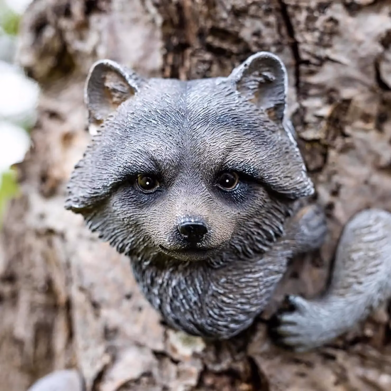 Marco Paul Raccoon Tree Peeker Resin Garden Ornament in Grey – 10