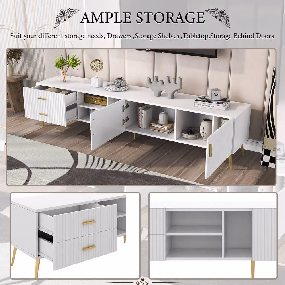 HomeTouch Modern White and Gold TV Unit Console Table with Media Compartments and Drawers – 4