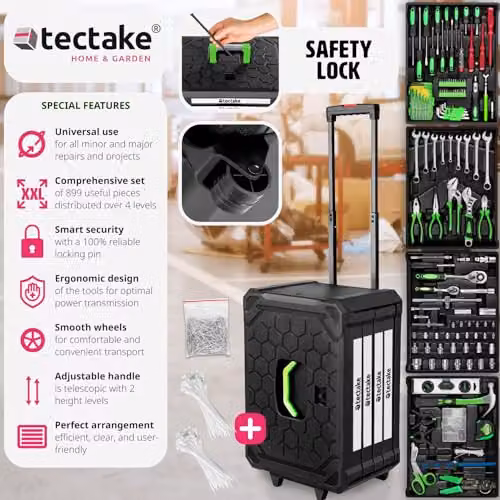 tectake Tool Box Trolley with 899-Piece DIY Tool Kit and 4 Drawers, Black – 2