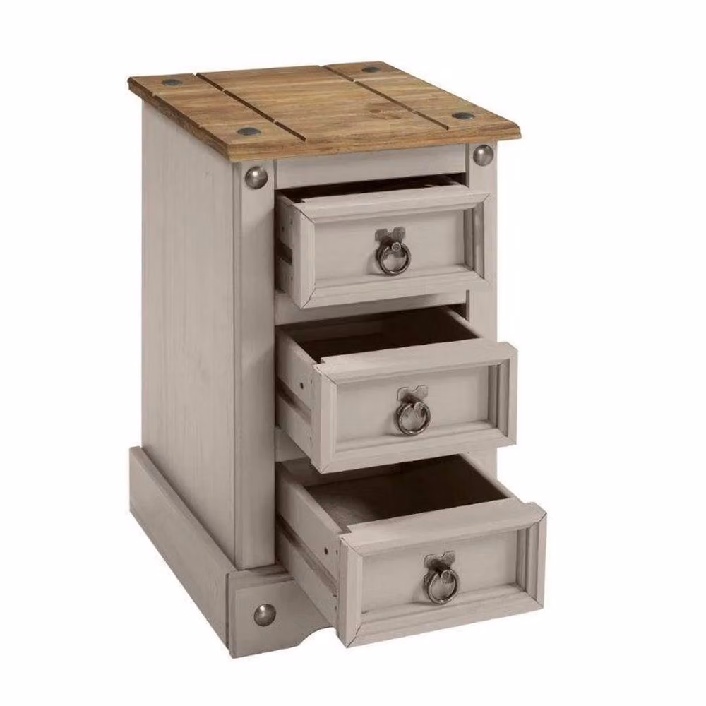 PAWNORA Grey Rustic Pine 3-Drawer Bedside Cabinet – 2