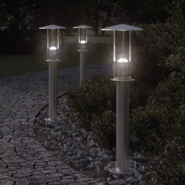 Berkfield Home Set of 3 Silver Stainless Steel Outdoor Floor Lamps, Height: 60 cm
