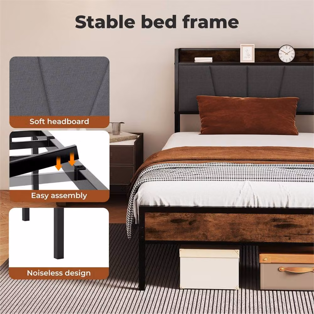 Nordara Brown Heavy-Duty Metal Platform Bed Frame for your Bedroom, W/D/H: 90 x 190 cm – 3