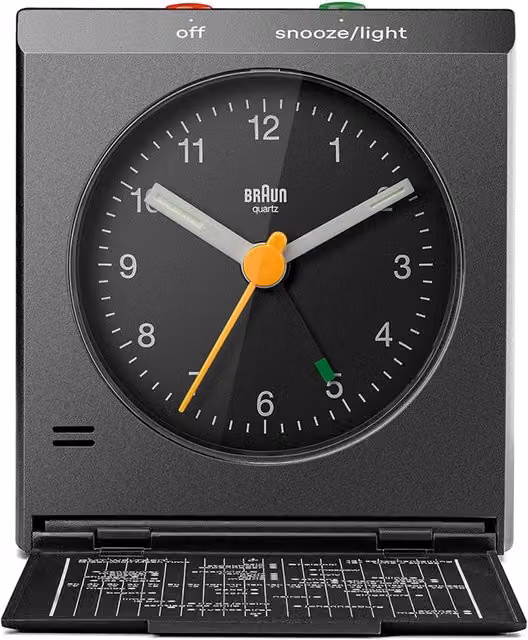 Braun Classic Analogue Travel Alarm Clock with Snooze and Light in Black, Model BC05B – 11