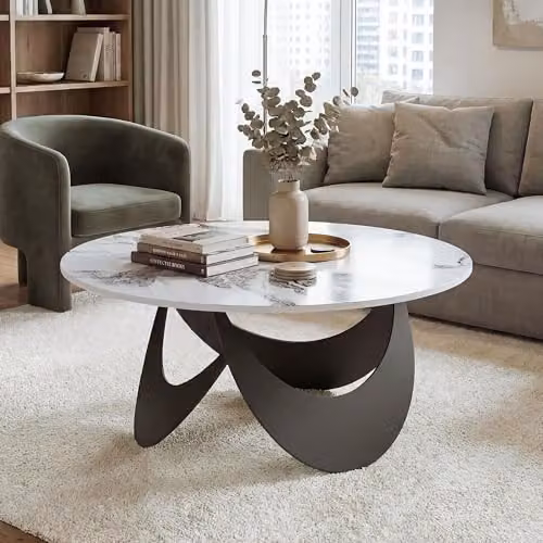 HOMCOM Modern Round Coffee Table with Sintered Stone Top in White and Black, W/D/H: 80 x 80 x 40 cm – 7