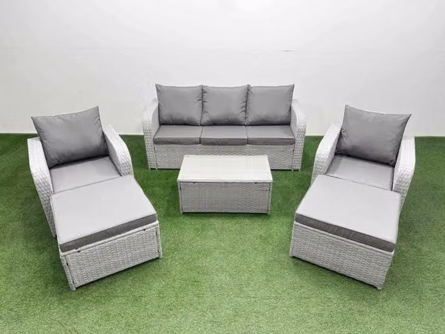 Fimous PE Rattan Garden Furniture Set in Light Grey with Reclining Chairs, Sofa, Oblong Coffee Table and 2 Footstools