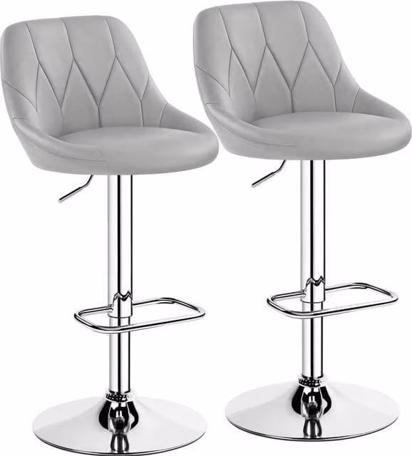 Yaheetech Set of 2 Modern Faux Leather Bar Stools in Grey with Adjustable Height and 360 Degree Swivel