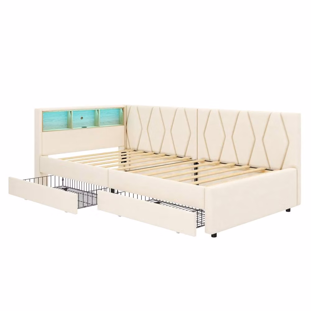 STILVORA Modern 3ft Single Bed Frame with USB Charging Port, Under-Bed Lighting and Drawers in Beige Linen, W/D/H: 90 x 190 x 82 cm – 2