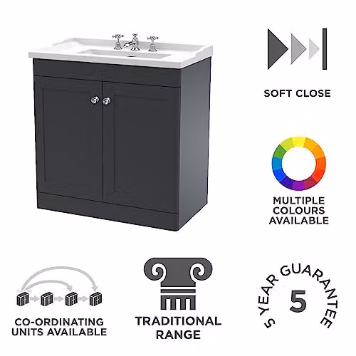 nuie Classique Traditional 2 Door Floor Standing Bathroom Vanity Unit and 3 Tap Hole Ceramic Basin, Soft Black, W: 800 mm – 3