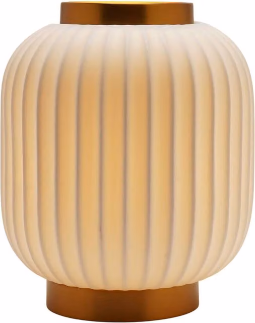 Hestia Small Ribbed Lantern Style Tabletop Lamp in White and Gold/Brass