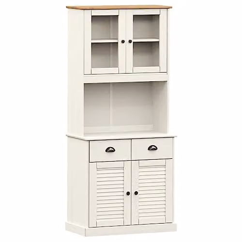 vidaXL VIGO Highboard in White Lacquered Solid Pine with Glass Doors, H 175 x W 78 x D 40 cm
