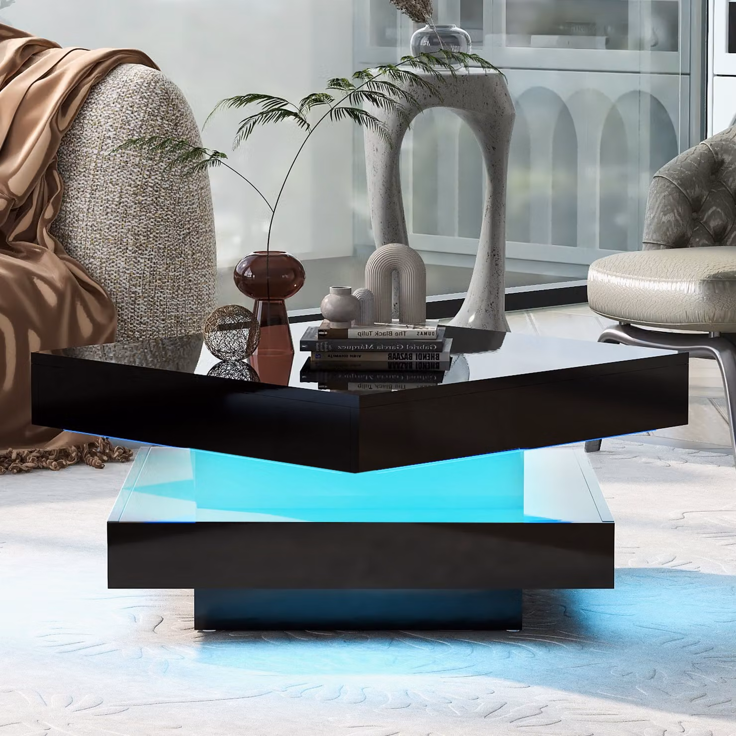 Aosom.UK Black High Gloss Square Coffee Table with Rotating Lift Top and 16-Colour LED Lights, W: 70 cm, D: 70 cm, H: 36 cm – 7