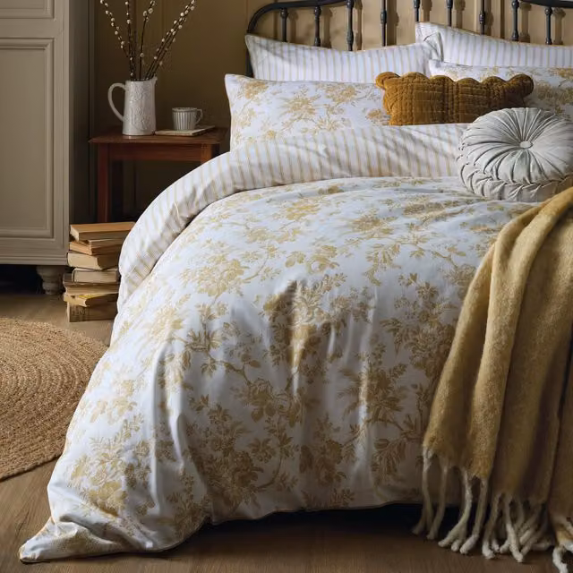 Laura Ashley Walled Garden Reversible Floral Duvet Cover and Pillowcase Set in Yellow Mako Satin Cotton