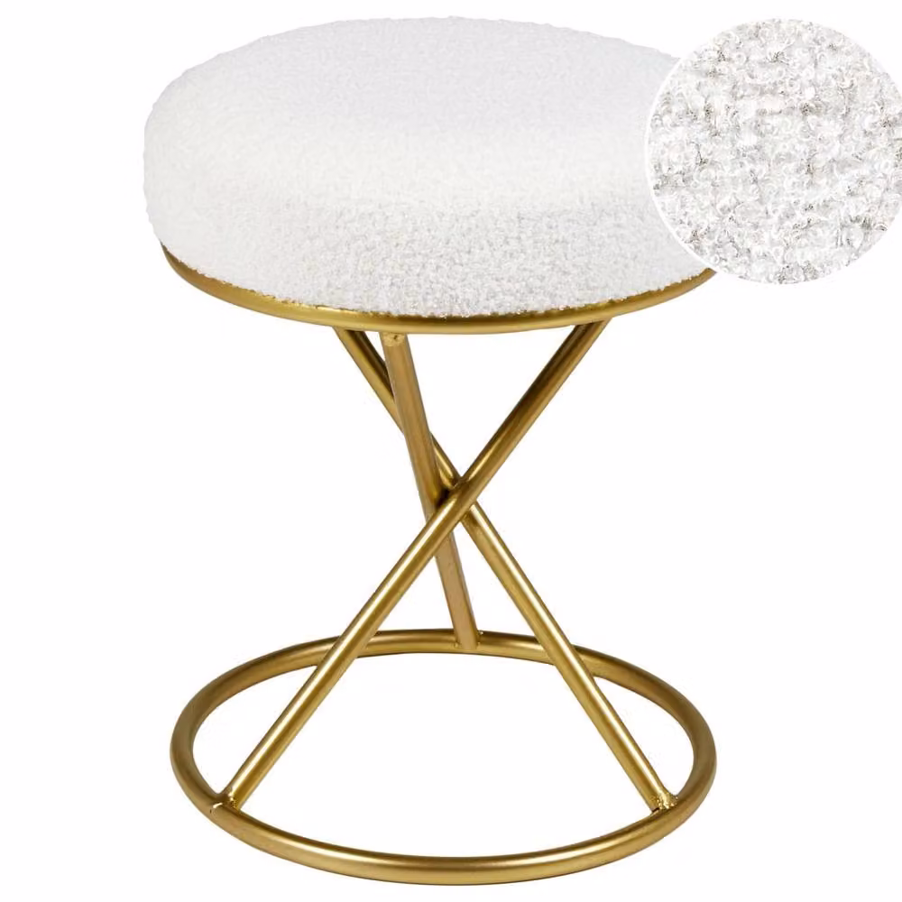 Wyld and Coco Round Bouclé Footstool with Gold Metal Legs in White – 2