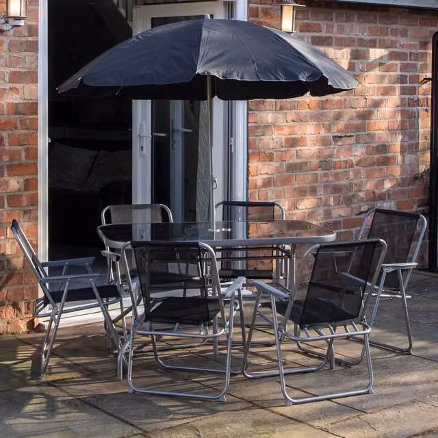 Samuel Alexander 6 Person Garden Furniture Patio Set with Black Glass Table, 6 Chairs and Parasol – 3